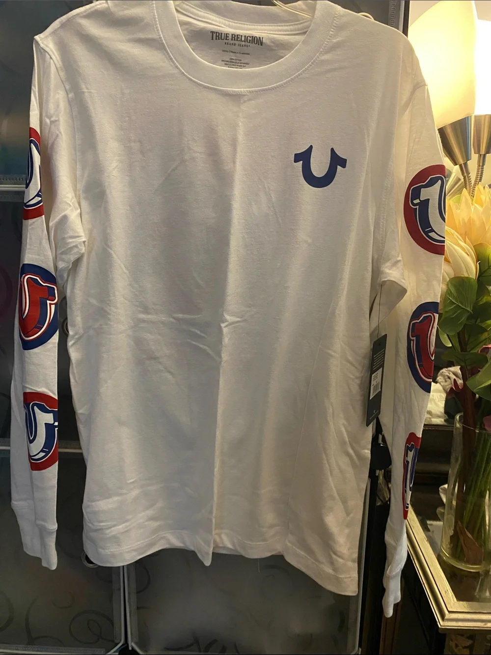 NWT, True Religion White Tee with Red & Blue Graphic Logo